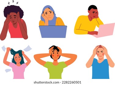Set of people suffering from stress. Vector illustration in flat style.