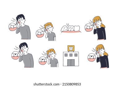 A set of people suffering from tooth pain Comical handwritten person vector, warm line drawing
