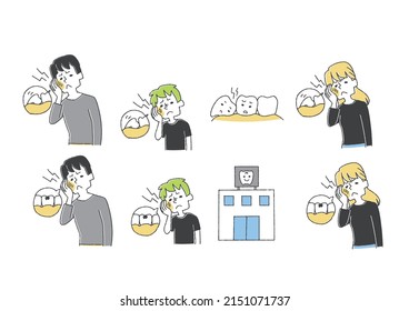 A set of people suffering from tooth pain Comical handwritten person vector, warm line drawing
