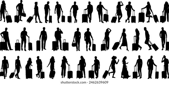 set of people with suitcases, travelers silhouette on white background vector