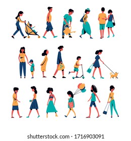 A set of people in summer clothes walking together, alone, with children doing their own thing. Flat vector characters.