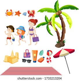 Set of people and summer items on the beach illustration