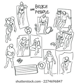 A set of people sunbathing on the beach in the style of sketches. A linear outline in the form of a sketch on a white background. A small sketch for the background. beach vibe, the atmosphere, relax
