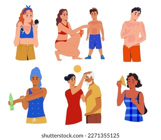 Set of people with sunburn and sunstroke from heat. Men, women with reddened skin from sunburn and overexposure to sun. Characters apply sunscreen on burnt dermis. Cartoon flat vector collection