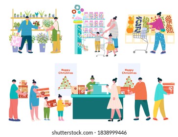 A Set Of People In A Supermarket. Department Of Flowers, Sweets, Fresh Fruits And Vegetables And A Large Line At The Checkout.