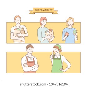 Set of people in supermarket. Hand drawn style vector design illustrations.