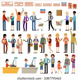 Set of people in a supermarket on a white background. Shopping, products, purchases. Vector illustration