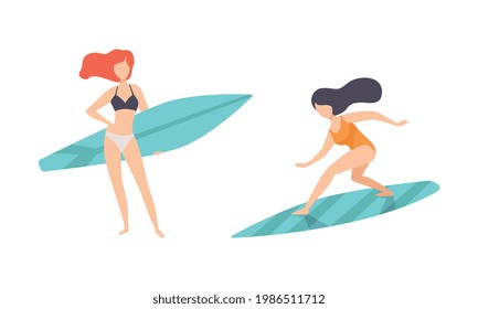 Set of People Surfing in Sea, Girl Surfers in Swimsuits Performing Leisure Outdoor Activities at Beach with Surfboards Flat Vector Illustration