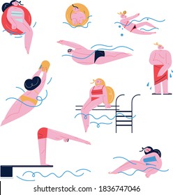 Set of people swimming, diving and having fun on water in swimming pool