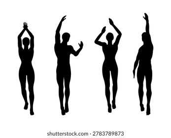 set of people swimming in the pool top view silhouettes for architectural assets. men and women swimmer. black shadow plan vector illustration.