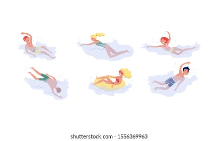 Set Of People Swimming In The Sea And Having Fun Vector Illustration