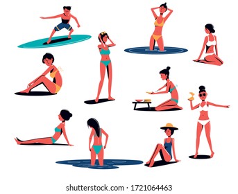 A set of people in swimsuits having a rest on the beach, sunbathing, bathing men and women.