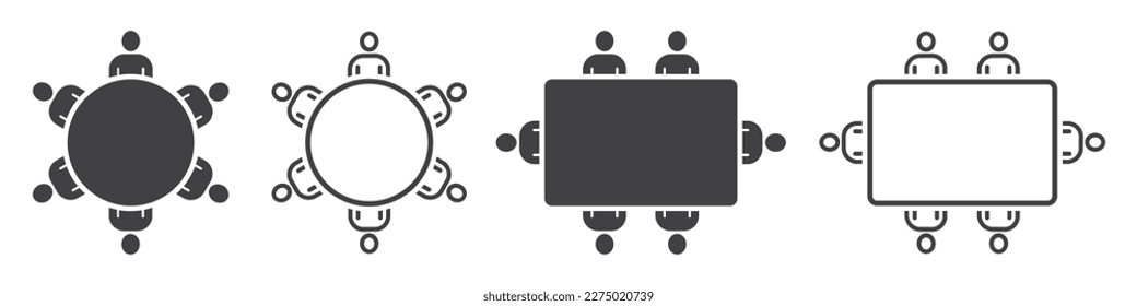 Conjunto de personas en la mesa. Gente alrededor de la mesa redonda y cuadrada. Iconos de reuniones de negocios de equipo, colaboración, trabajo en equipo, conferencia. Vector.