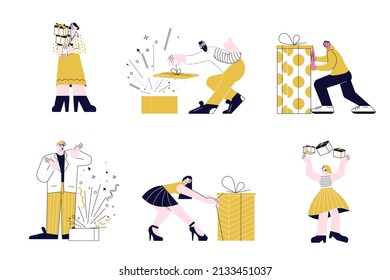 Set of people take and give gifts and surprises for for promo in social network isolated on white in modern outline minimal design. Flat Art Vector Illustration.