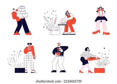 Set of people take and give gifts and surprises for for promo in social network isolated on white in modern outline minimal design. Flat Art Vector Illustration.