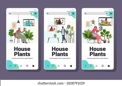 set people taking care of houseplants having virtual meeting with mix race friends during video call smartphone screens collection horizontal copy space full length vector illustration