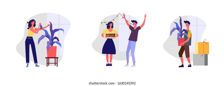 Set of people taking care of their domestic plants. Flat vector illustrations of friends celebrating birthday. Celebration, delivery, floristry concept for banner, website design or landing web page