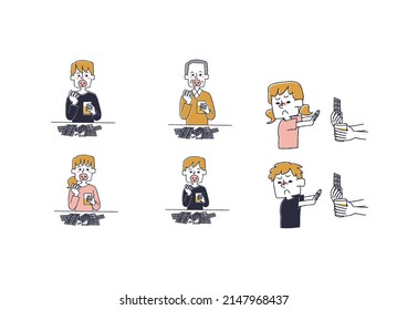 Set of people taking medicine Comical handwritten person Vector, line drawing and color
