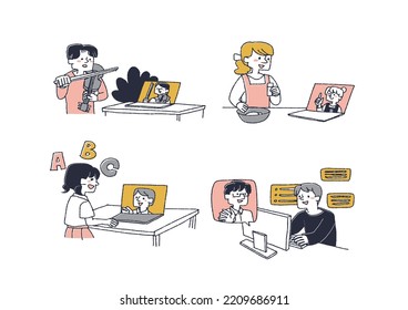 Set of people taking online classes Comical hand-drawn characters