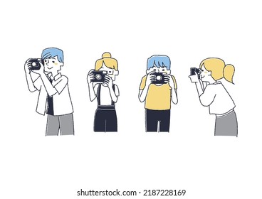 Set of people taking pictures Comical hand-drawn people Vector, warm line drawing
