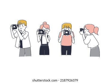 Set of people taking pictures Comical hand-drawn people Vector, warm line drawing
