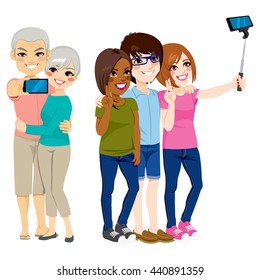 Set of people taking selfie portrait with smartphone