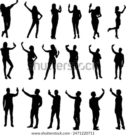 Set of people taking selfie silhouette illustration. Adult self photo pose. Men and women selfie full body in black color.
