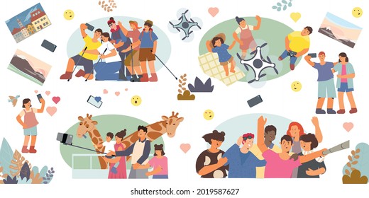 Set of people taking selfies in different locations flat vector illustration