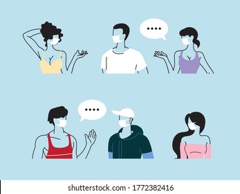 conjunto de personas que hablan con distancia para prevenir la infección del coronavirus o covid 19 diseño de ilustración vectorial