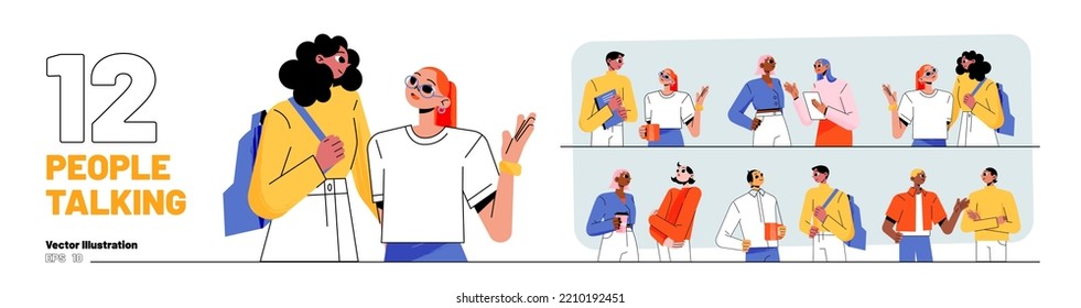 Set of people talking with each other. Concept of friends communication, conversation in team, social network. Diverse persons have dialogue, vector flat illustration