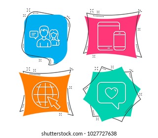 Set of People talking, Internet and Mobile devices icons. Love message sign. Contact service, World web, Smartphone with tablet. Dating service.  Flat geometric colored tags. Vivid banners. Vector