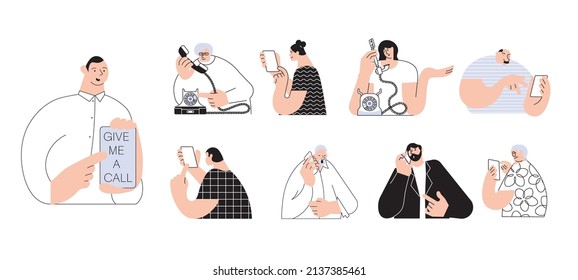 Set of people talking phone. Young and elderly men and women calling by modern or retro telephone. Communication and conversation isolated on white. Flat Art Vector illustration