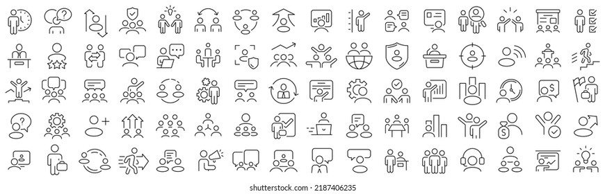 Set of people teamwork line icons. Collection of black linear icons