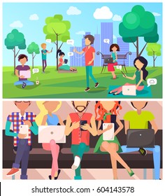 Set of people and technology in cartoon style consists of two parts. People having rest in city park and humans sitting on dark bench playing with laptops, tablets and mobilephone vector illustration