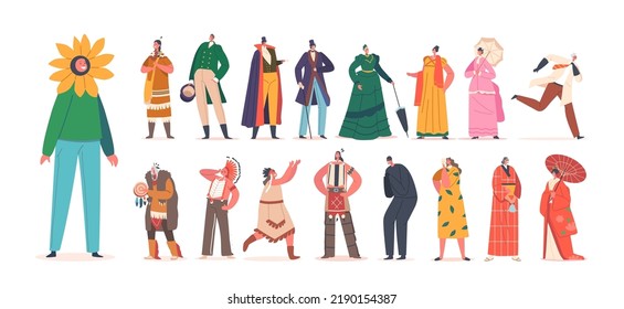 Set of People in Theatrical Costumes. Male and Female Characters Kids and Adults Wear Suits of Sunflower, Crazy Professor, Victorian Lady or Gentleman, Indian, Geisha. Cartoon Vector Illustration