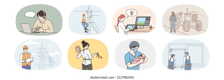 Set of people and their jobs and professions. Collection of diverse man and woman employees with professions. Electrician, graphic designer and engineer. Vector illustration. 