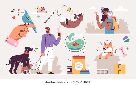 Conjunto de ilustraciones de personas y mascotas. Hombres y mujeres divirtiéndose, entrenando y jugando con sus mascotas. Ilustraciones vectoriales