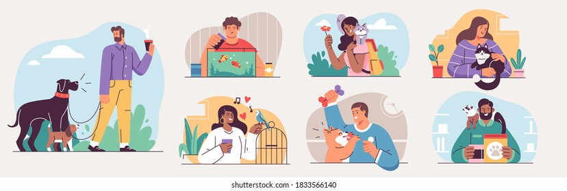 Set of People and their pets illustrations. Men and women having fun, training and playing with their pets. Vector Illustrations - Shutterstock ID 1833566140