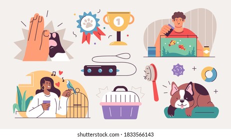 Set of People and their pets illustrations. Men and women having fun, training and playing with their pets. Vector Illustrations