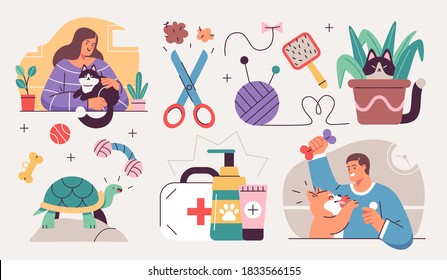 Set of People and their pets illustrations. Men and women having fun, training and playing with their pets. Vector Illustrations