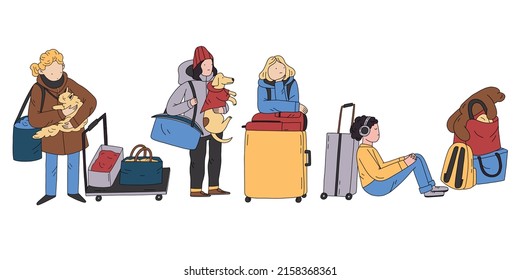 Gente con sus mascotas esperando en el aeropuerto. Ilustración de vector plano dibujada a mano con doodle. Refugiados viviendo en el país, inmigración con animales. Ilustración vectorial aislada. 