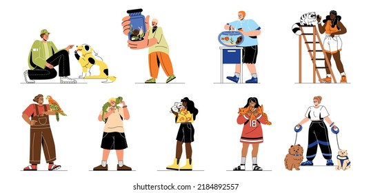 Set of People and their pets. Young men and women with dog, snail, raccoon, cat, rabbit and parrot. Owners love and care for their animals. Cartoon flat vector collection isolated on white background