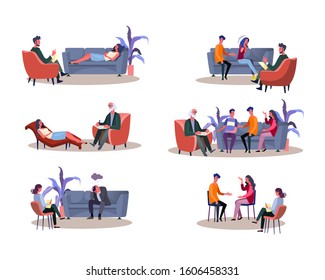 Set of people at therapy session. Flat vector illustrations of men and women counselling with psychotherapist. Psychology and consultation concept for banner, website design or landing web page.