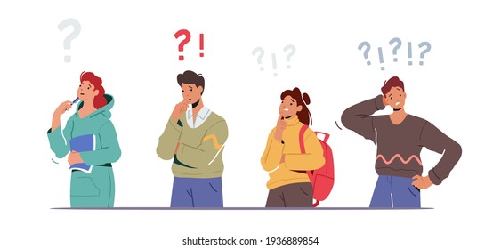 Set of People Thinking Serious Tasks, Searching Information, Male and Female Characters with Exclamation and Question Marks. Students and Businesspeople Mental Research. Cartoon Vector Illustration