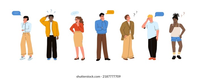 Set Of People With Thoughtful Expression. Thinking Men And Women. Doubtful, Unsure Persons. Cartoon, Flat Vector Illustration. Puzzled People.