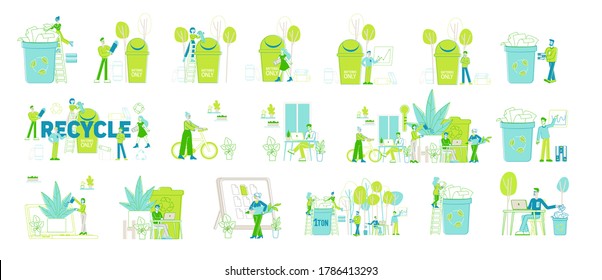 Set of People Throw Garbage to Recycle Litter Bins, Batteries E-Waste. Environmental Protection, Male and Female Characters Sort ,Recycle and Segregation of Rubbish. Linear People Vector Illustration