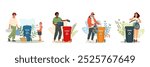 Set of people throwing out waste, sorting garbage. Men and women separating trash to promote cleanliness. Vector illustrations for environment. Ecology protection concept. Characters segregating trash