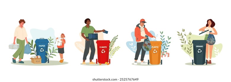 Um grupo de pessoas jogando lixo fora, triando lixo. Homens e mulheres separando o lixo para promover a limpeza. Ilustrações de vetor para o ambiente. Conceito de proteção ecológica. Caracteres separando o lixo