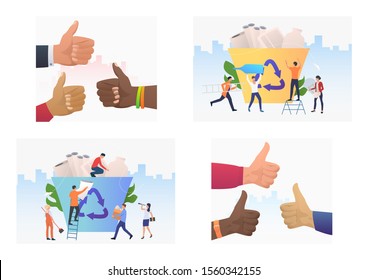 Set of people throwing paper for recycling. Flat vector illustrations of man and woman caring for environment. Ecology concept banner, website design or landing web page