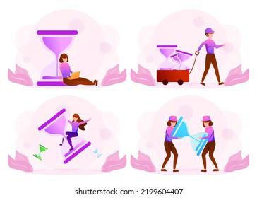 Set people   timing schedule and various lifestyle  reading book  delivery  work   travel and glasswatch  drawing in cartoon character  vector illustration